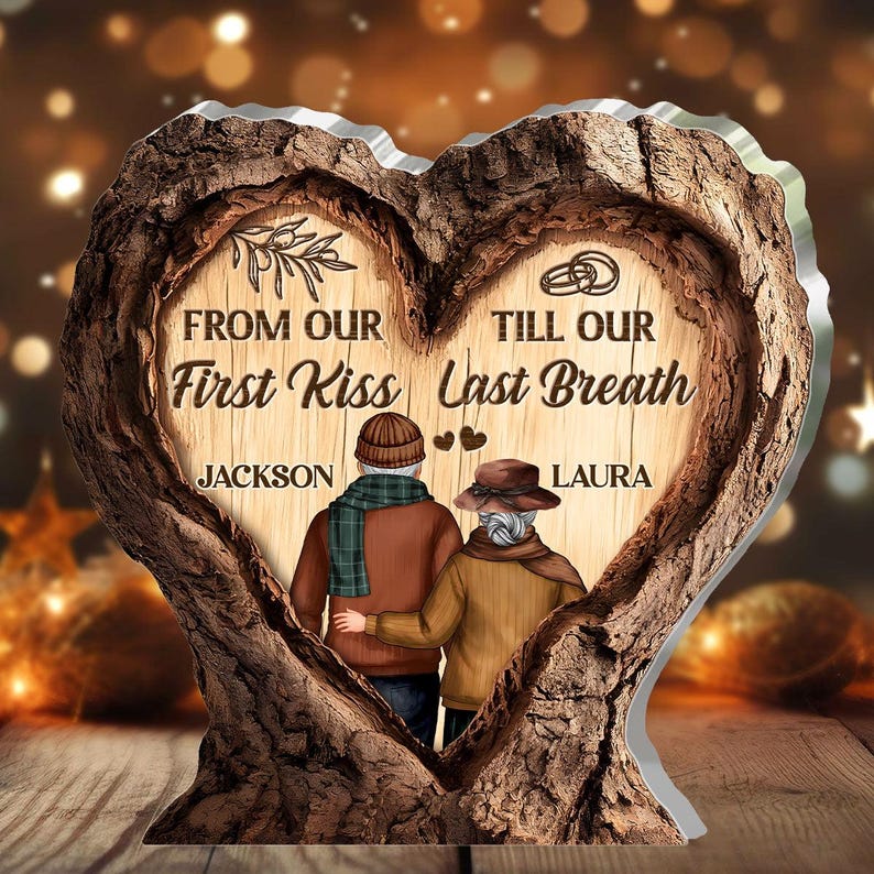 Custom Couple Acrylic Plaque | From Our First Kiss Till Our Last Breath Gift | Personalized Heart Wood Design Anniversary Gift