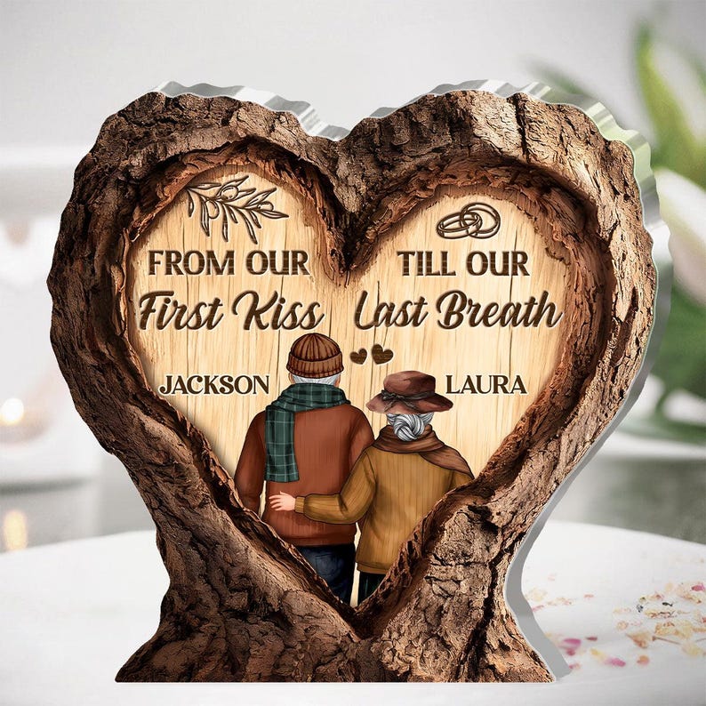 Custom Couple Acrylic Plaque | From Our First Kiss Till Our Last Breath Gift | Personalized Heart Wood Design Anniversary Gift