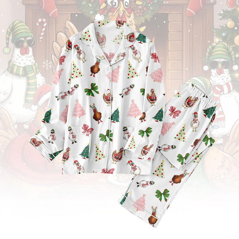 Chicken Christmas Tree Pajamas Set, Merry Christmas Bows Holiday Pajamas, Animals Xmas Pjs For Women Kids, Funny Farmer Loungewear Gift