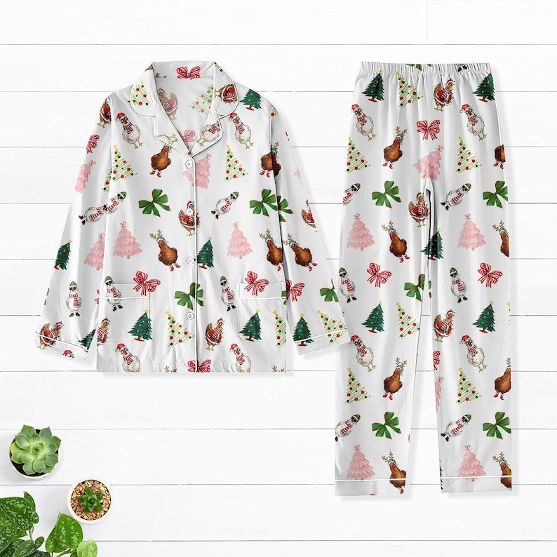 Chicken Christmas Tree Pajamas Set, Merry Christmas Bows Holiday Pajamas, Animals Xmas Pjs For Women Kids, Funny Farmer Loungewear Gift