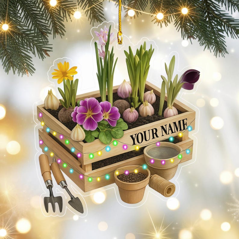 Personalized Gardening Box Christmas Ornament, Custom Name Acrylic Tree Hanging Decor, Gift for Gardeners and Plant Lovers