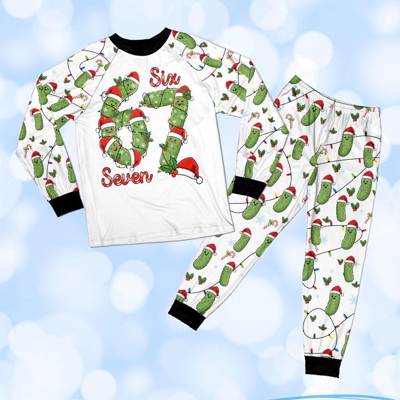 Matching 67 Pickle Christmas PJs, Funny 6 7 Meme Sleepwear, Ugly Xmas Gift for Family, Viral Pajamas Set, Christmas Pickle Gift Pajamas