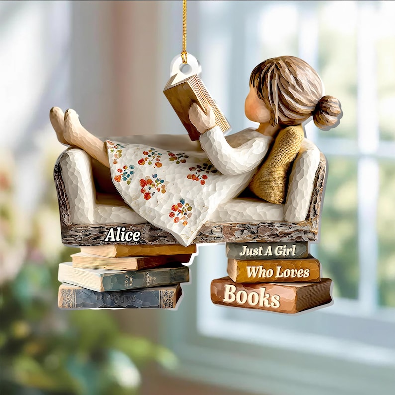 Book Lover Ornament, Reading Girl Decor, Personalized Acrylic Christmas Gift, 2D FLAT Ornament
