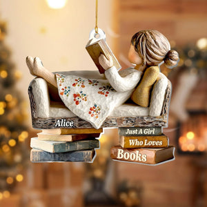 Book Lover Ornament, Reading Girl Decor, Personalized Acrylic Christmas Gift, 2D FLAT Ornament