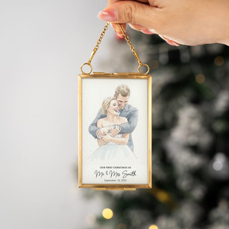 Personalized Watercolor Portrait Married Frame Ornament, 1st Christmas Wedding Photo Gifts for Newlywed