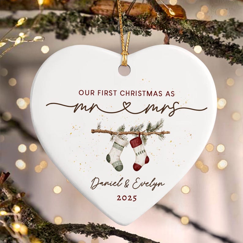 First Married Christmas Ornament 2025, Personalized Our First Christmas As Mr & Mrs Ornament, Married Ornament, Heart Shape Wedding Ornament