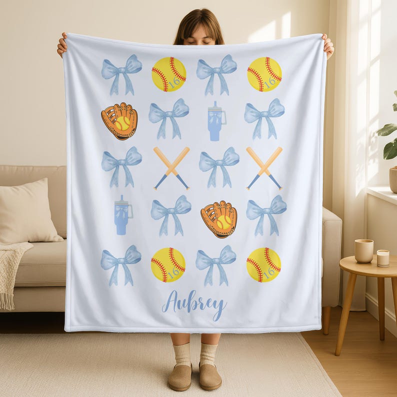Personalized Softball Name Blanket,Custom Softball Team Blanket,Coquette Bow Baseball Blanket,Softball Mom Blanket,Softball Player Name Gift