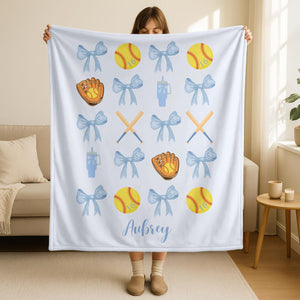 Personalized Softball Name Blanket,Custom Softball Team Blanket,Coquette Bow Baseball Blanket,Softball Mom Blanket,Softball Player Name Gift