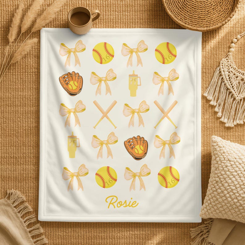 Personalized Softball Name Blanket,Custom Softball Team Blanket,Coquette Bow Baseball Blanket,Softball Mom Blanket,Softball Player Name Gift