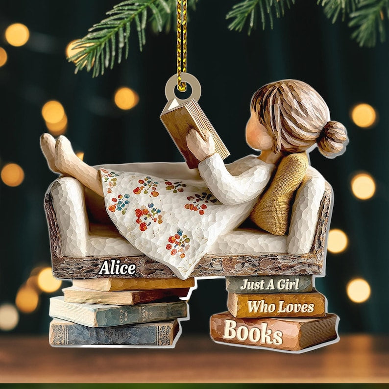 Personalized Book Lover Ornament Just a Girl Who Loves Books Acrylic Christmas Decor Custom Gift for Readers, Women & Girls