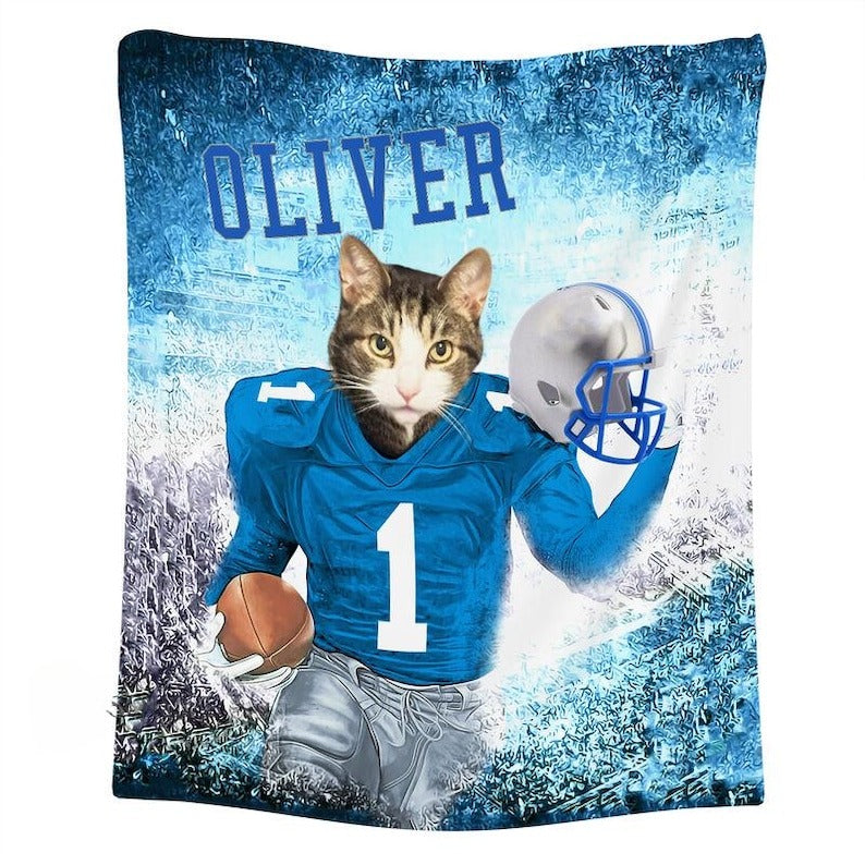 Personalized Photo & Name Football Pet Blanket, Football Team Dog Cat Portrait Blanket, Custom Sport Favorite Team Blanket