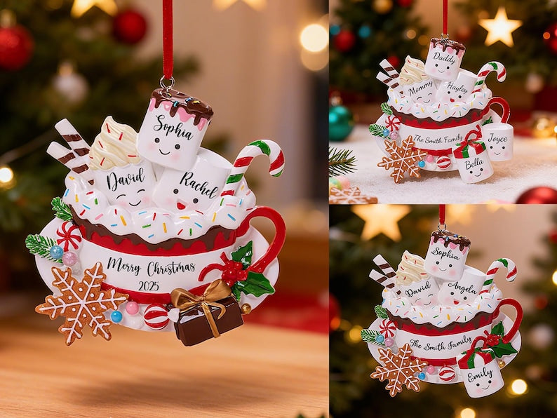 Personalized Resin Family Ornament, Coffee Cup Christmas Family Ornament, Marshmallow Family Of 3,4,5,Xmas Ornament 2025, Christmas Decor.