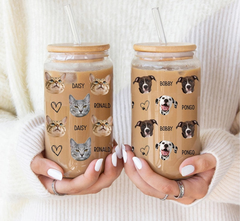 Personalized Pet Photo Glass Cup: Custom Dog or Cat Iced Coffee Cup