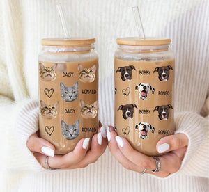 Personalized Pet Photo Glass Cup: Custom Dog or Cat Iced Coffee Cup