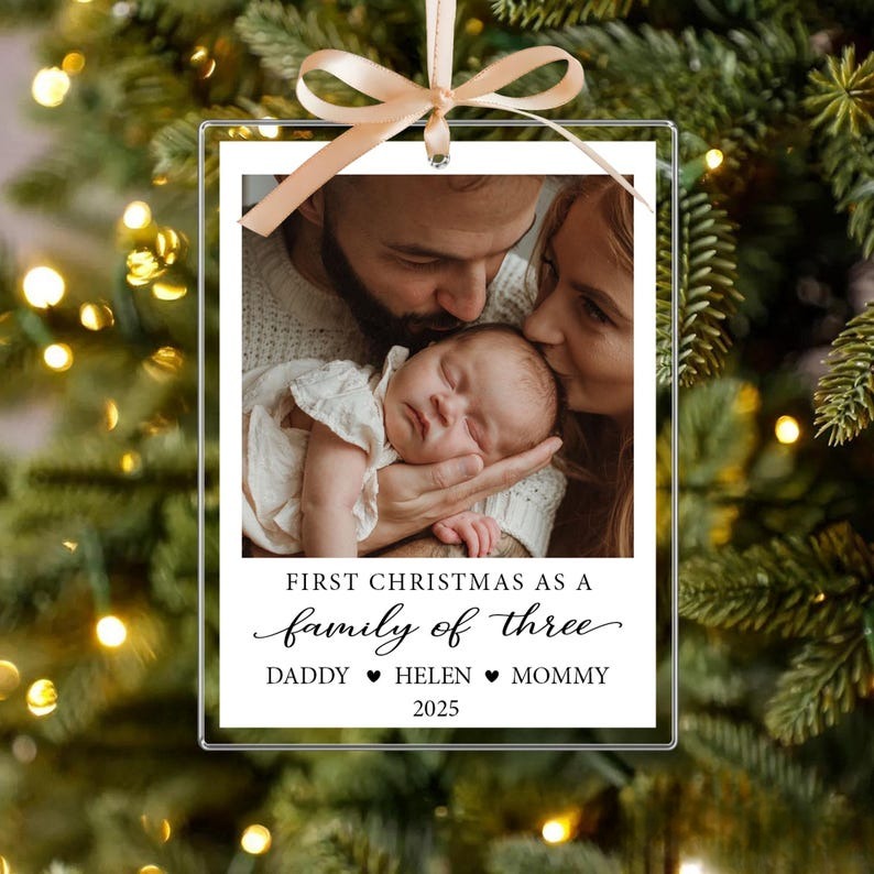 Custom Family Photo Christmas Ornament, First Family Of Three Ornament, Family Christmas Gifts, New Baby Xmas Ornament, Custom Newborn Gift
