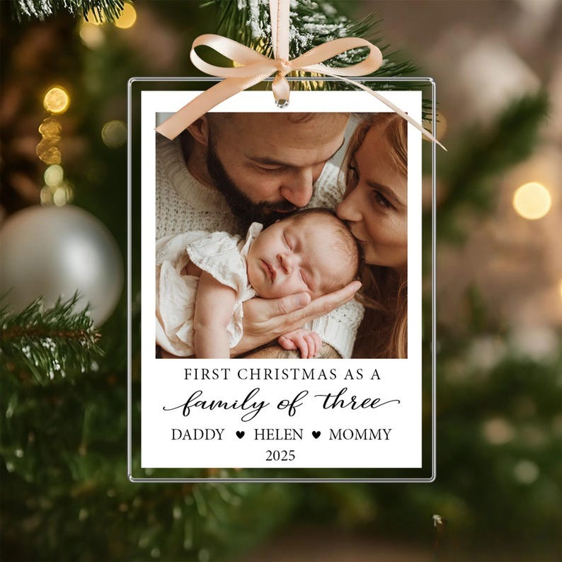 Custom Family Photo Christmas Ornament, First Family Of Three Ornament, Family Christmas Gifts, New Baby Xmas Ornament, Custom Newborn Gift