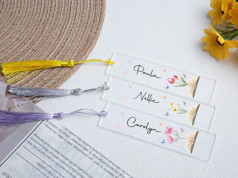 Acrylic Floral Bookmark with Tassel,Birth Flower Bookmark, , Mothers Day Gifts,Personalized Floral Bookmark for Women,Gift for Book Lover