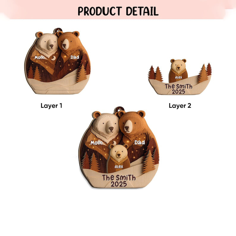 Personalized Bear Family Layered Wood Ornament, Custom Name Christmas Tree Ornament, Woodland Bear Christmas Home Decor, Gift for Family