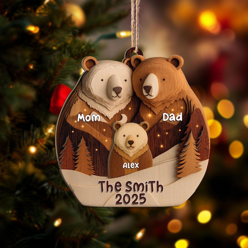 Personalized Bear Family Layered Wood Ornament, Custom Name Christmas Tree Ornament, Woodland Bear Christmas Home Decor, Gift for Family