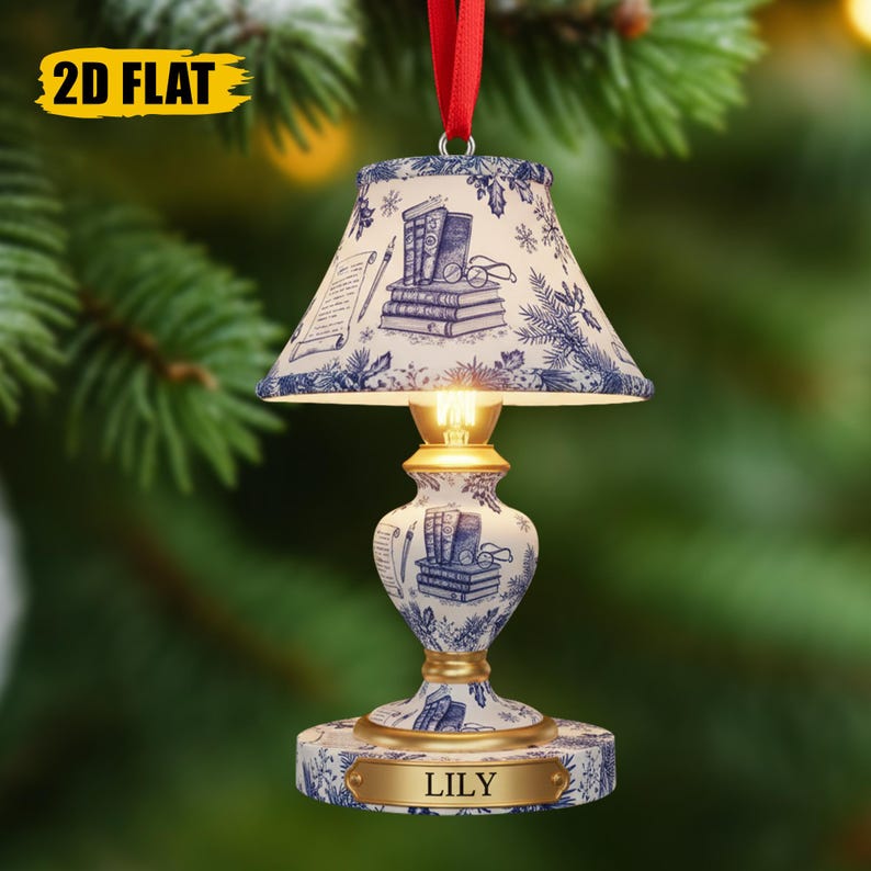 Personalized Book Lover Ornament Custom Acrylic Lamp Christmas Ornament with Name Tag, Reading Light Design 2D Flat Gift