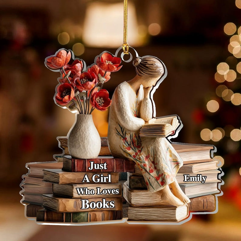 Personalized Acrylic Ornament for Book Lovers, Just a Girl Who Loves Books X-Mas Decoration, Cute Reading Theme Holiday Gift for Her, Reader