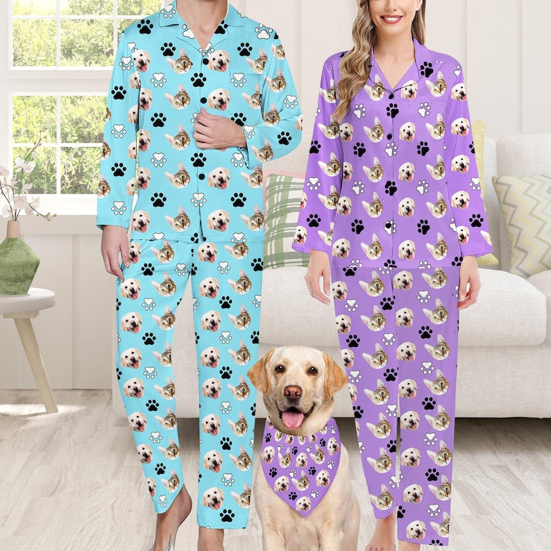 Custom Dog/Cat Faces Pajamas,Personalized Long Sleeve PJS Sets,Dog Paw Printed Pajamas,Funny Sleepwear,Birthday,Anniversary Gifts