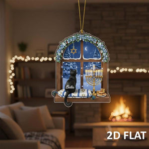 Hanukkah Black Cat 2D FLAT Ornament, Personalized Menorah Window Decor, Jewish Holiday Gift, Cute Cat Lover Hanukkah Decoration