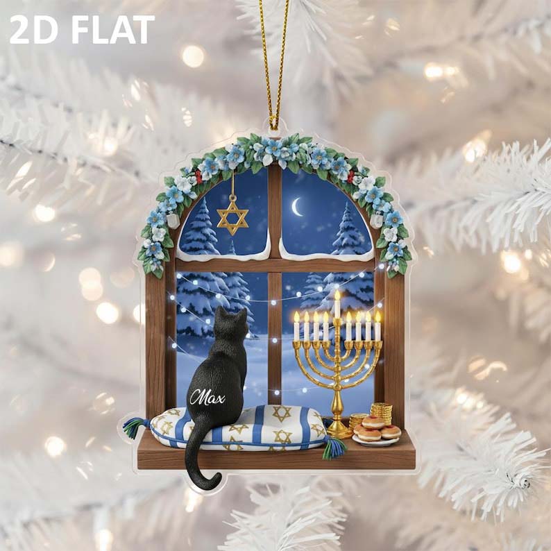 Hanukkah Black Cat 2D FLAT Ornament, Personalized Menorah Window Decor, Jewish Holiday Gift, Cute Cat Lover Hanukkah Decoration
