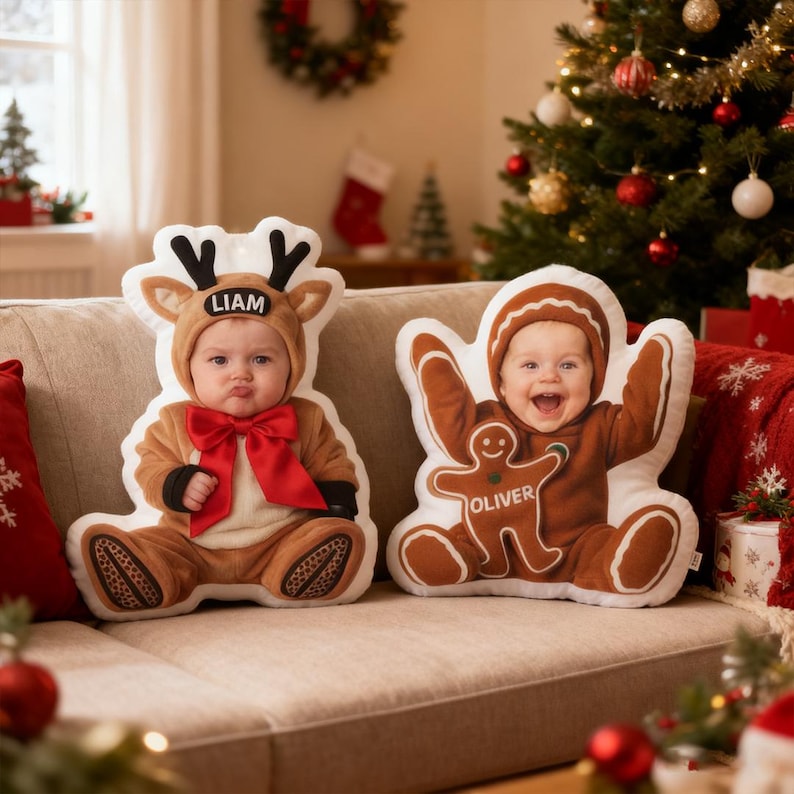 Custom Christmas Character Pillow with Name, Santa Elf Reindeer Gingerbread Plush Cushion, Personalized Xmas Gift for Children & Home Decor