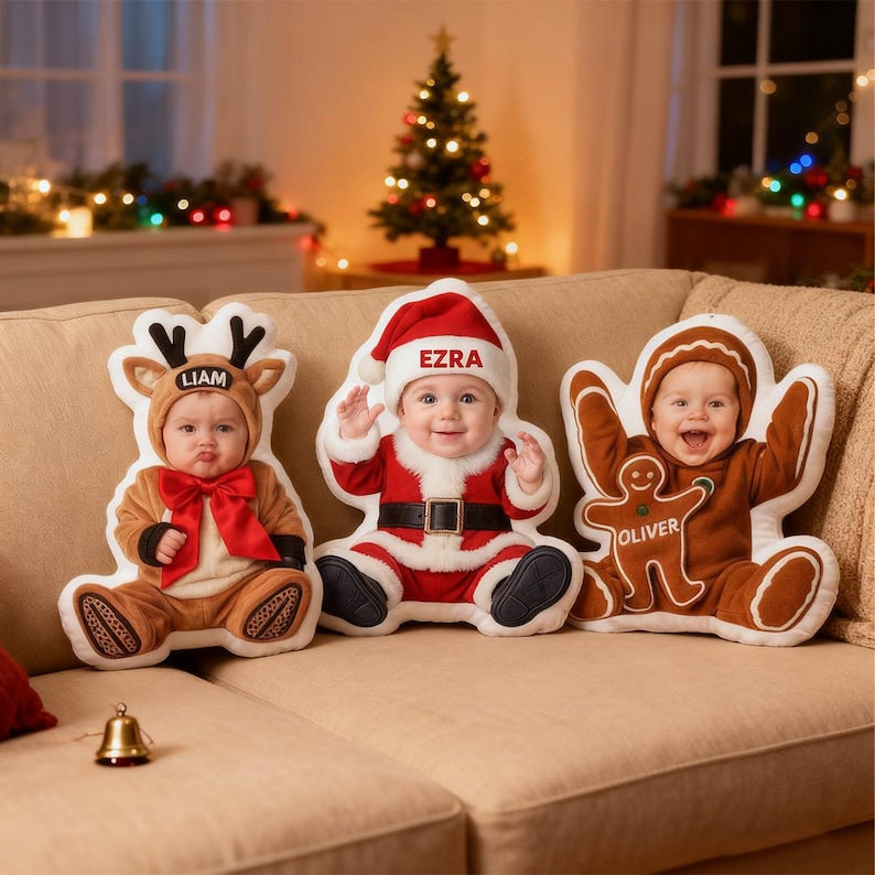 Custom Christmas Character Pillow with Name, Santa Elf Reindeer Gingerbread Plush Cushion, Personalized Xmas Gift for Children & Home Decor