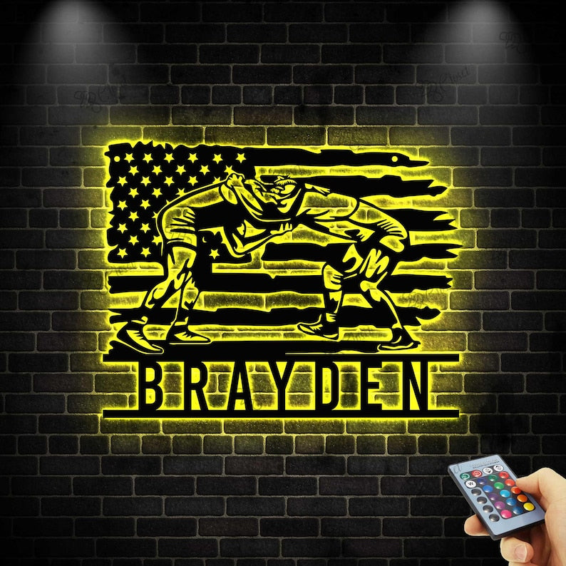 Custom Name Wrestling LED Metal Art, Personalized Wall Decor for Athletes, Wrestler Name Sign, Wrestling Coach Gift, Sports Sign Home Decor