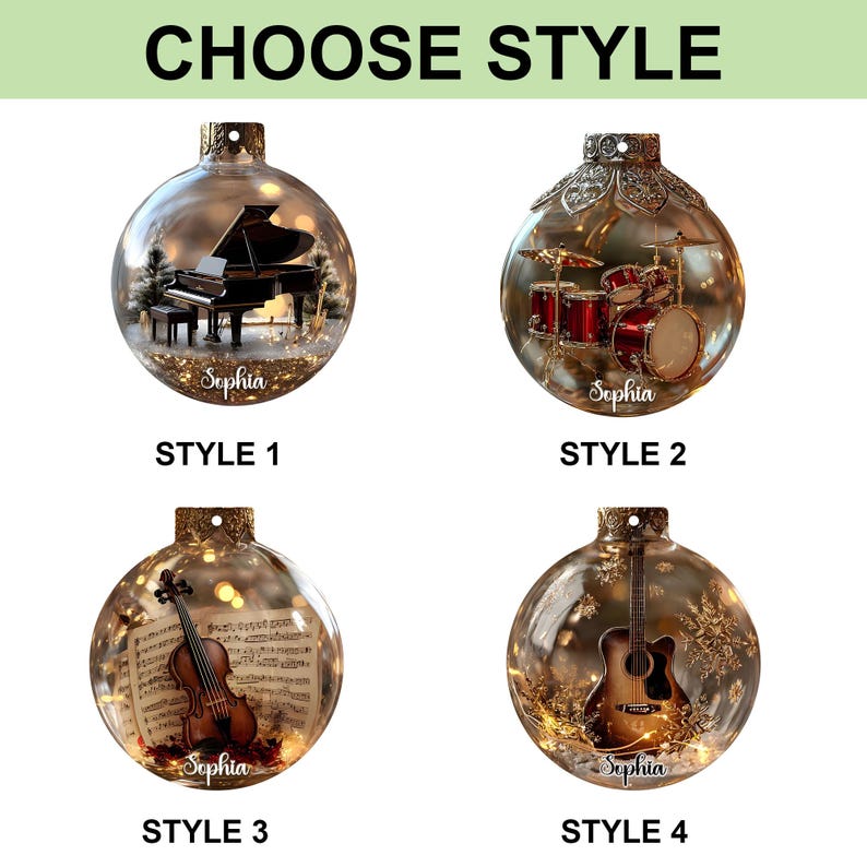 2D Flat Multi Music Instruments Acrylic Ornament Set Piano, Violin, Drum & Guitar Glass Ball Ornaments, Personalized Music Lover Gift