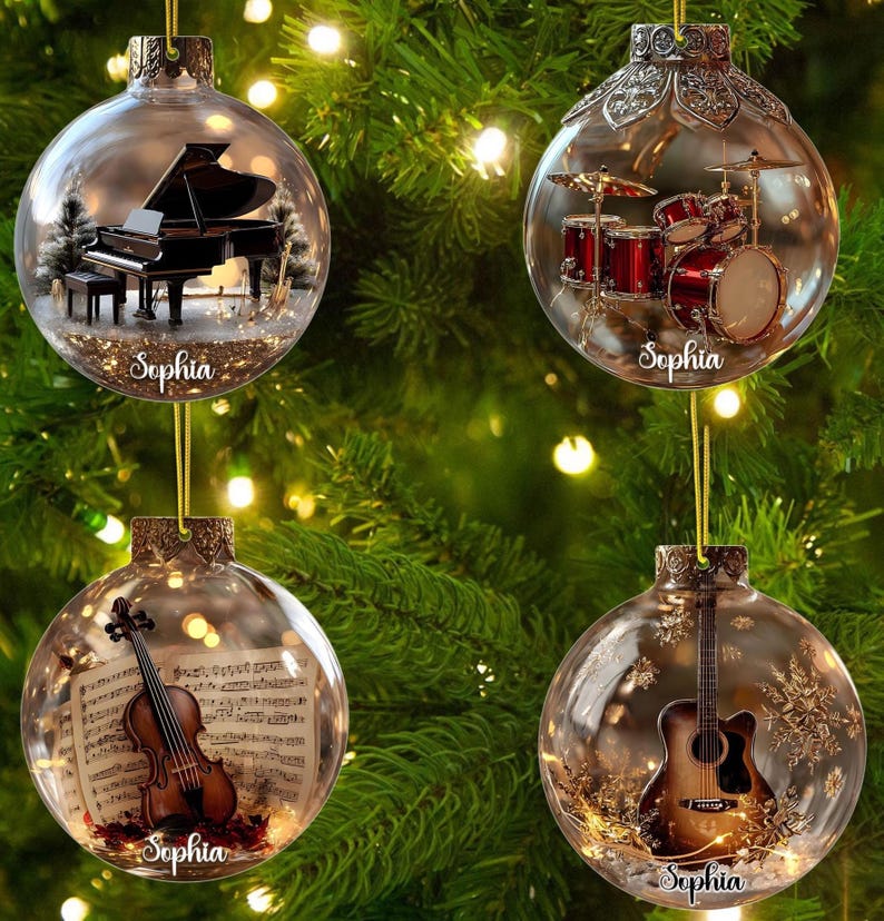 2D Flat Multi Music Instruments Acrylic Ornament Set Piano, Violin, Drum & Guitar Glass Ball Ornaments, Personalized Music Lover Gift