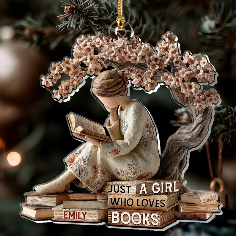 Custom Book Lover Christmas Ornament, Gift For Readers, Reading Girl Keepsake, Bookworm Gift, Library Decor, Literature 2D Flat Ornament