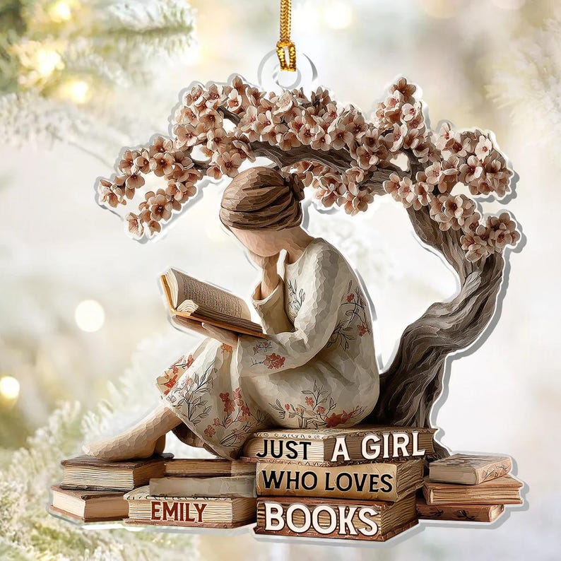 Custom Book Lover Christmas Ornament, Gift For Readers, Reading Girl Keepsake, Bookworm Gift, Library Decor, Literature 2D Flat Ornament