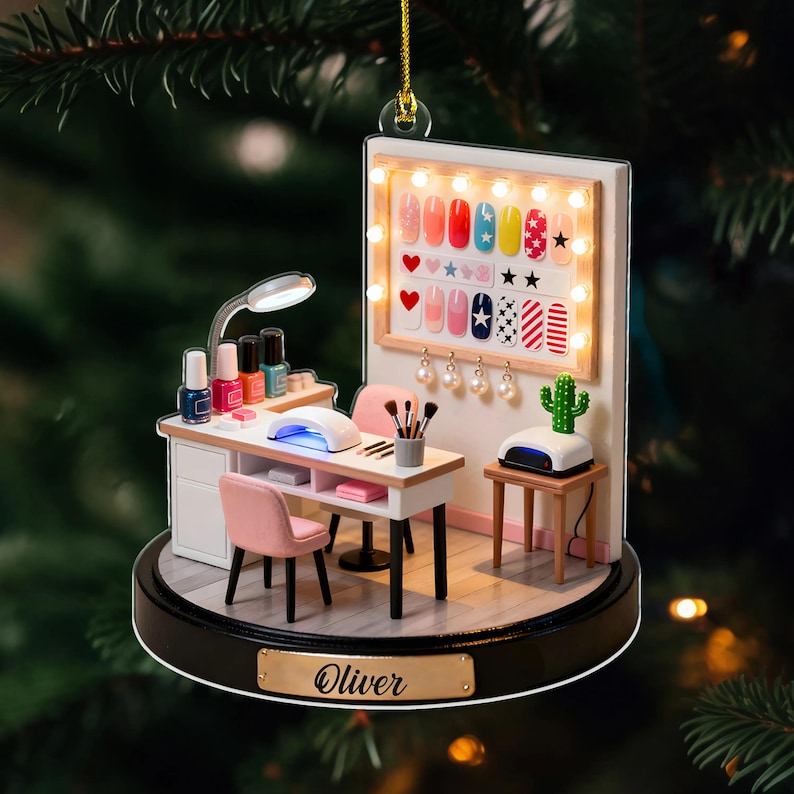 Custom Nail Tech Ornament 2025 Miniature Salon Scene Christmas Tree Decor for Manicurist, Nail Artist, Personalized Gift for Her
