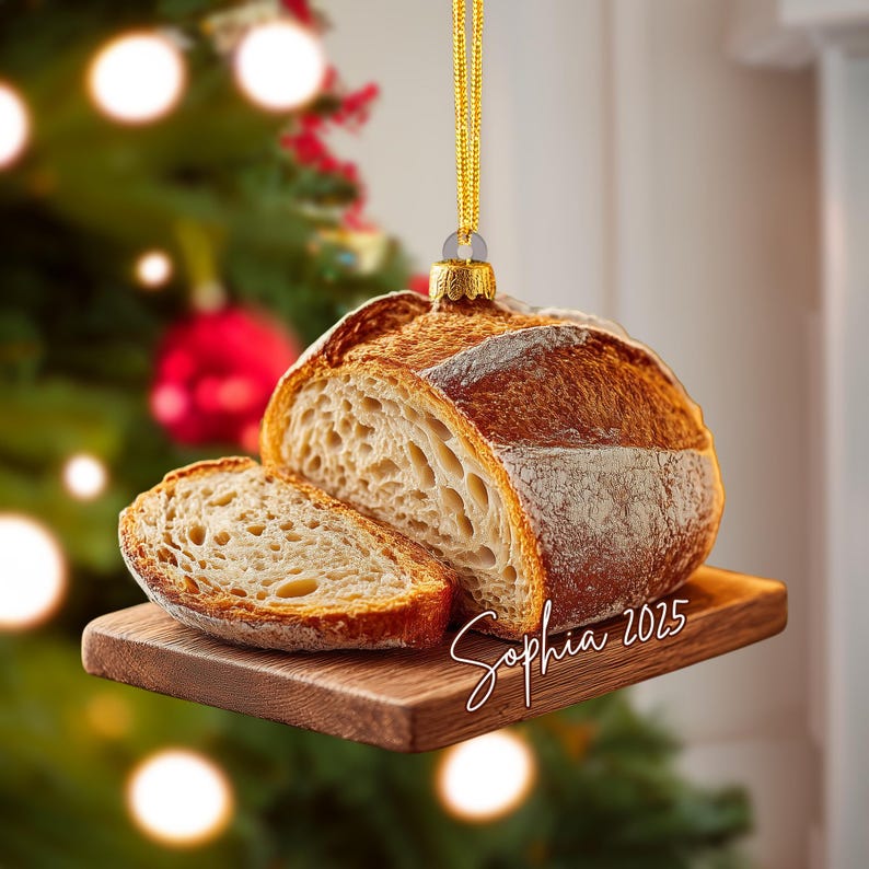 Personalized Sourdough Bread Ornament, Rustic 2D Wooden Christmas Gift