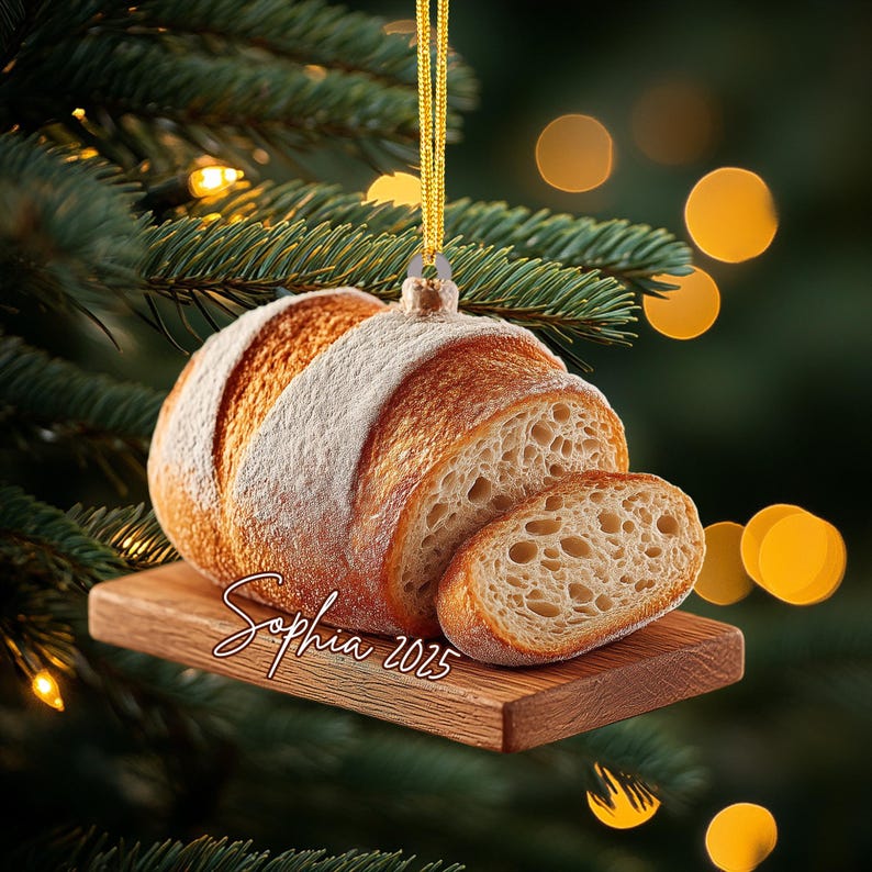 Personalized Sourdough Bread Ornament, Rustic 2D Wooden Christmas Gift
