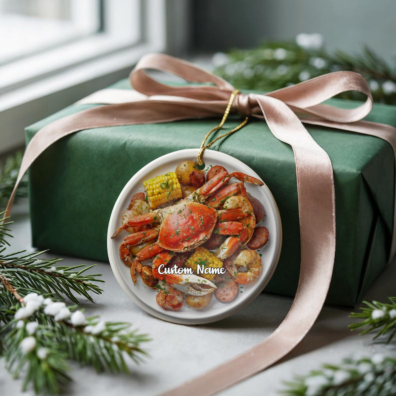 Seafood Boil Ornament, Foodie Gift for White Elephant or Secret Santa, Fisherman Aesthetic, Crab Shrimp Lobster Lover, Bayou Ornament