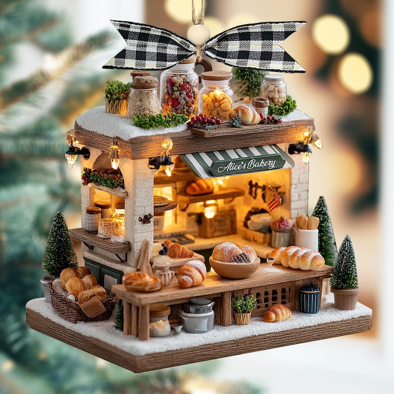 Personalized Mini Bakery Christmas Ornament, 2D Glat Rustic Bread Shop Tree Decoration Gift For Bakers Custom Name Ornament
