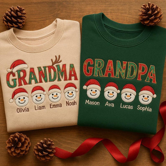 Embroidered Grandparent Sweatshirt, Custom Grandma Grandpa Snowman Shirt, Personalized Family Christmas Gift, Grandkids Name Crewneck