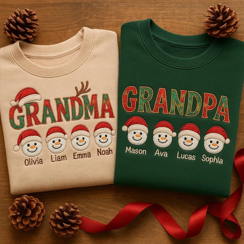 Embroidered Grandparent Sweatshirt, Custom Grandma Grandpa Snowman Shirt, Personalized Family Christmas Gift, Grandkids Name Crewneck