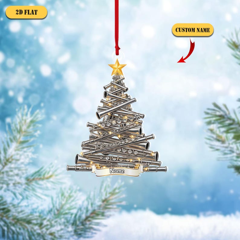 Personalized Flute 2D Flat Acrylic Ornament, Custom Musician Christmas Tree Decor, Band Gift for Flutist, Music Lover Ornament with Name