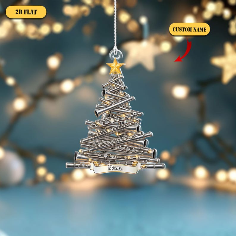 Personalized Flute 2D Flat Acrylic Ornament, Custom Musician Christmas Tree Decor, Band Gift for Flutist, Music Lover Ornament with Name
