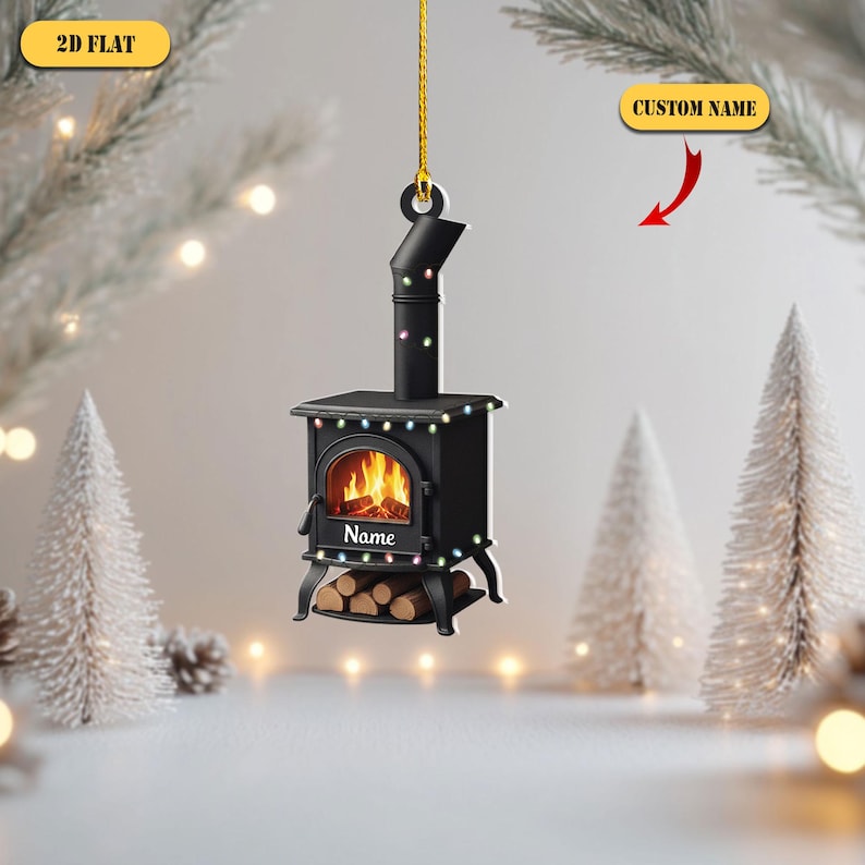 Personalized Wood Stove 2D Flat Ornament, Custom Name Christmas Tree Decor, Cozy Cabin Ornament, Fireplace Gift for Camper or Home Lover