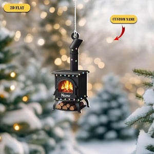 Personalized Wood Stove 2D Flat Ornament, Custom Name Christmas Tree Decor, Cozy Cabin Ornament, Fireplace Gift for Camper or Home Lover