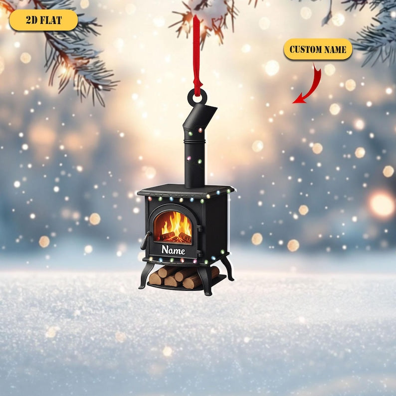Personalized Wood Stove 2D Flat Ornament, Custom Name Christmas Tree Decor, Cozy Cabin Ornament, Fireplace Gift for Camper or Home Lover