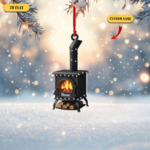 Personalized Wood Stove 2D Flat Ornament, Custom Name Christmas Tree Decor, Cozy Cabin Ornament, Fireplace Gift for Camper or Home Lover