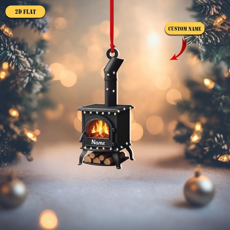 Personalized Wood Stove 2D Flat Ornament, Custom Name Christmas Tree Decor, Cozy Cabin Ornament, Fireplace Gift for Camper or Home Lover