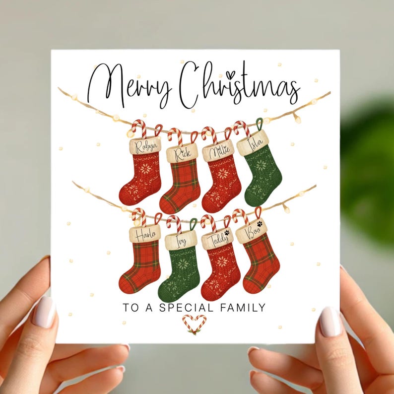 Personalised Family Christmas Card with Stockings Custom Names & Paw Prints, Any Number of Stockings, Special Family Xmas Card